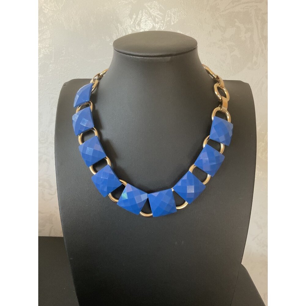 Chunky Blue & Gold Geometric Necklace With Lobster Clasp